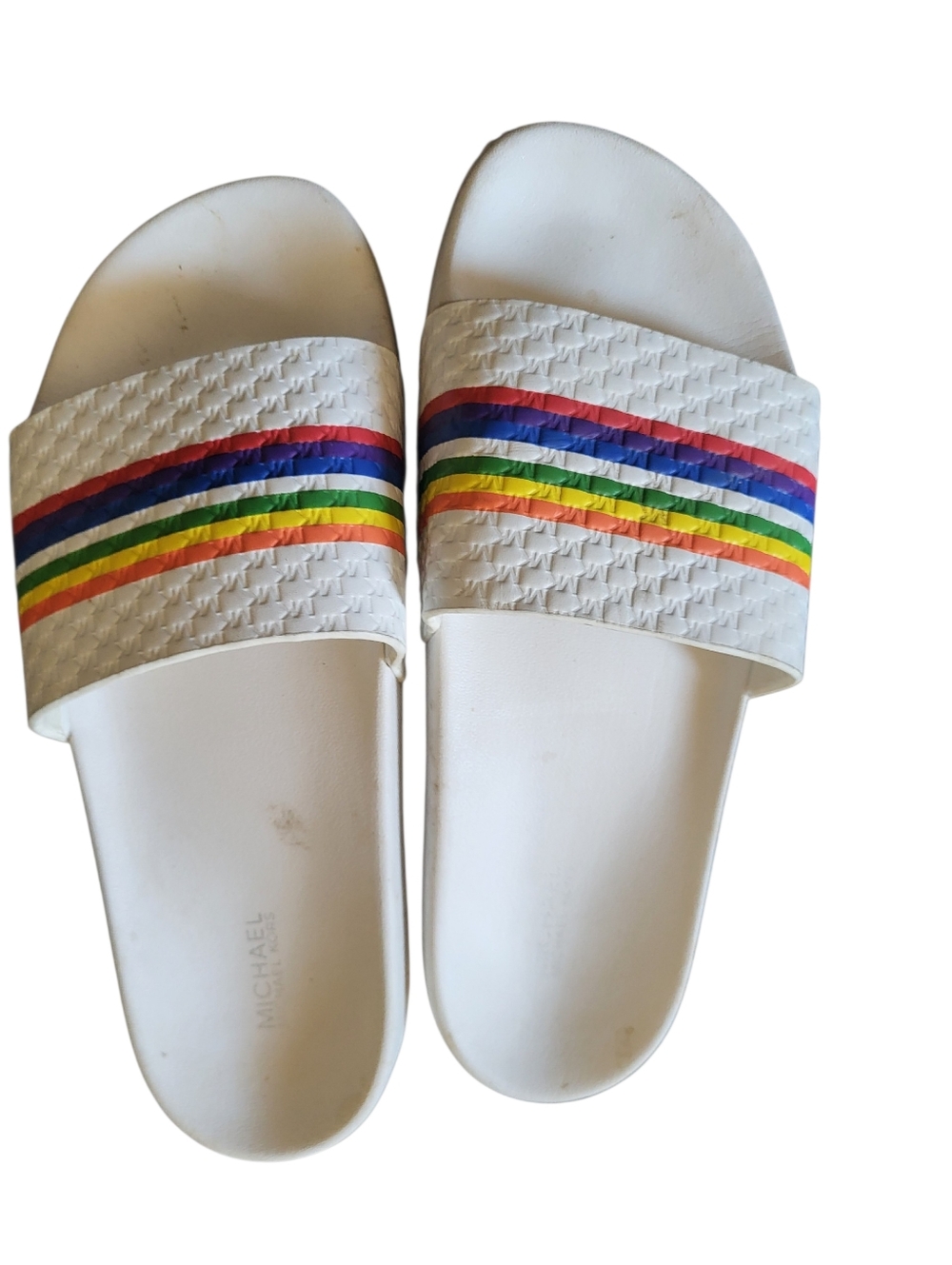 Michael Kors White Slide Sandals with Rainbow Stripe Band